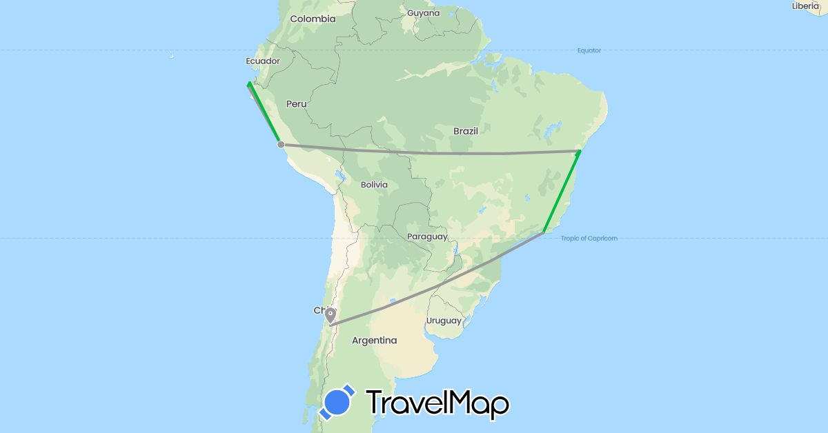 TravelMap itinerary: bus, plane in Brazil, Chile, Peru (South America)